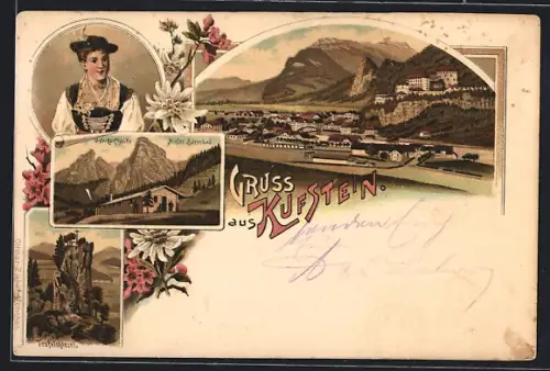 Lithographie Kufstein, Teufelskanzel, Unterkunftshütte Hinter-Bärenbad, Ortsansicht, Frau in Tracht