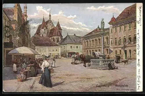 Künstler-AK Eggenburg, kleiner Wochenmarkt auf dem Hauptplatz
