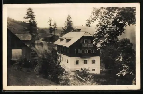 AK Alpl bei Krieglach, Holzbauers Gasthaus zu Roseggers Waldheimat M. Leitner aus der Vogelschau