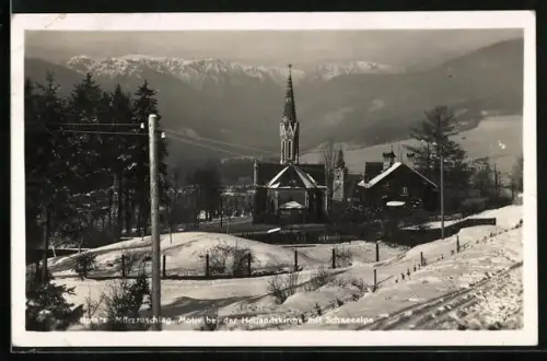 AK Mürzzuschlag, Heilandskirche mit Umgebung im Winter
