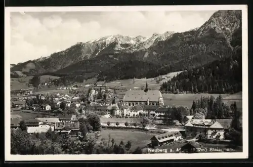 AK Neuberg a. Mürz, Totalansicht mit Bergpanorama aus der Vogelschau