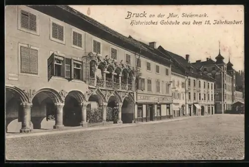 AK Bruck an der Mur, historisches Gebäude aus dem 15. Jahrhundert mit Cafe Europa