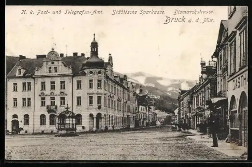 AK Bruck a.d. Mur, K.K. Post- und Telegrafenamt und Städt. Sparkasse in der Bismarckstrasse