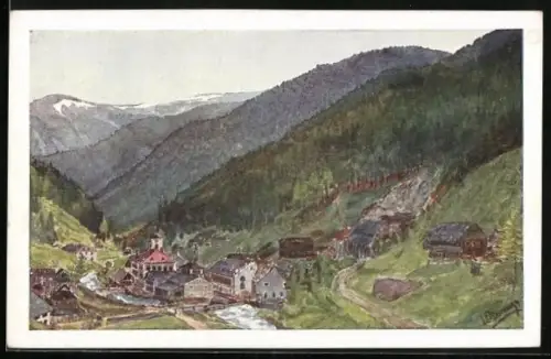 Künstler-AK Turrach, Ortsansicht mit Berglandschaft