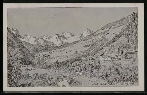 Künstler-AK Winklern im Mölltale, Gesamtansicht mit Leinzer Dolomiten