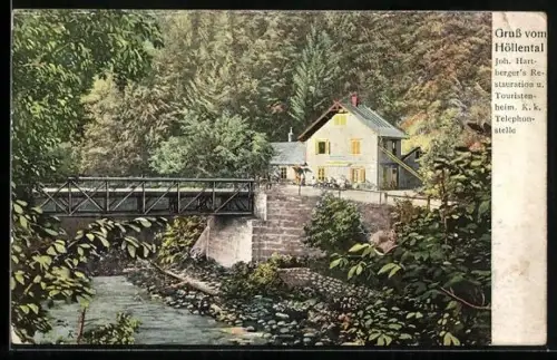AK Reichenau an der Rax, Höllental, Gasthaus-Touristenheim J. Hartberger mit Brücke