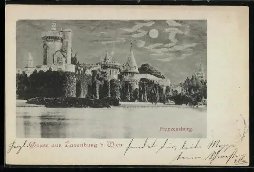 Mondschein-AK Laxenburg b. Wien, Franzensburg vom Waser aus