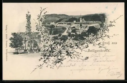 AK Heiligenkreuz, Säulendenkmal und Ortsansicht, Blumen
