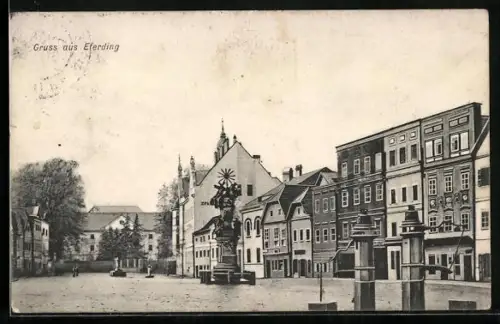 AK Eferding, Platz mit Brunnen und Säulendenkmal
