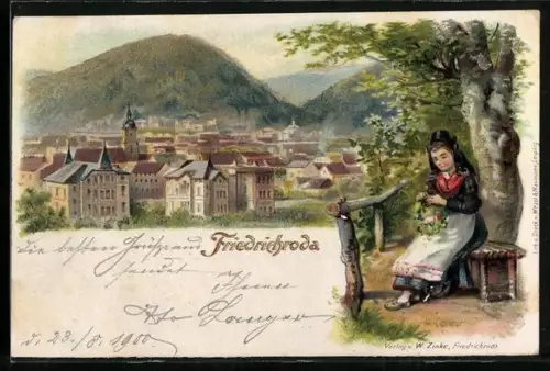 Lithographie Friedrichroda, Ortsansicht, Mädchen in Tracht