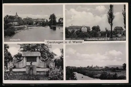 AK Gerstungen a. d. Werra, Werrapartie, Historisches Schloss u. Witzleber Hof, Kriegerdenkmal, Gesamtpanorama