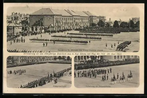 AK Bautzen, 200. Jubiläum des 4. Kgl. Sächs. Inf-Reg. Nr. 103 1909, Parade, Festgottesdienst, Verleihung Fahnenbänder