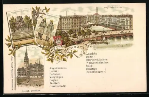 Lithographie Hamburg, Kleine Alster mit Alsterarkaden, Helgoländer in Tracht & Rathaus