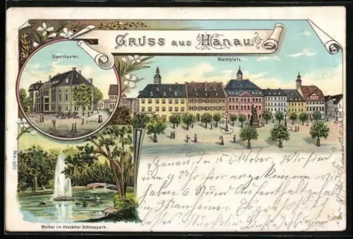 Lithographie Hanau, Marktplatz, Stadttheater, Weiher im Schlosspark