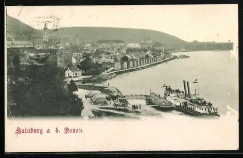 AK Hainburg a. d. Donau, Dampfer am Anleger, Blick auf den Ort