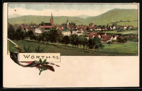 Lithographie Wörth, Blick über den Ort