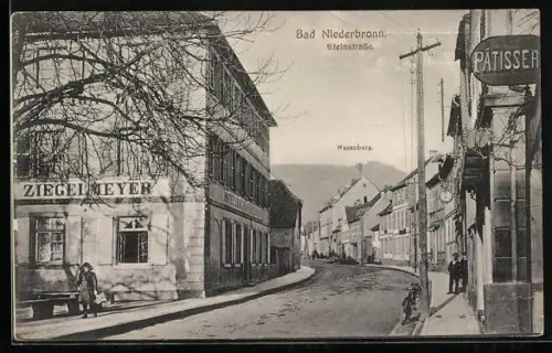 AK Bad Niederbronn, Hotel Ziegelmeyer und Pâtisserie in der Steinstrasse mit Wasenburg