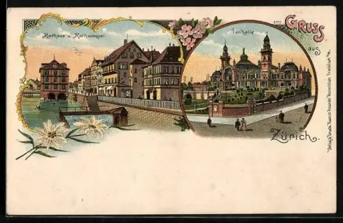 Lithographie Zürich, Rathaus und Rathausquai, Tonhalle