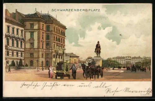Lithographie Wien III, Schwarzenbergplatz mit Reiterdenkmal und Pferdekutschen