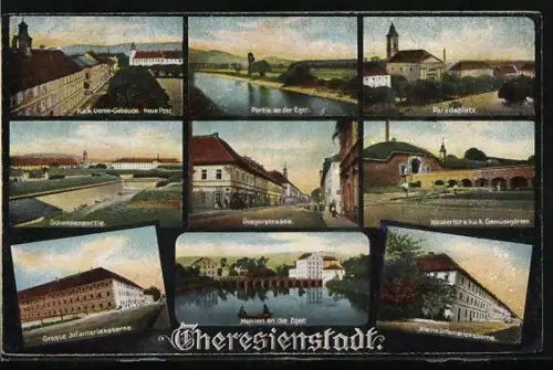 AK Theresienstadt, Pragerstrasse, Kleine Infanteriekaserne, Mühlen an der Eger