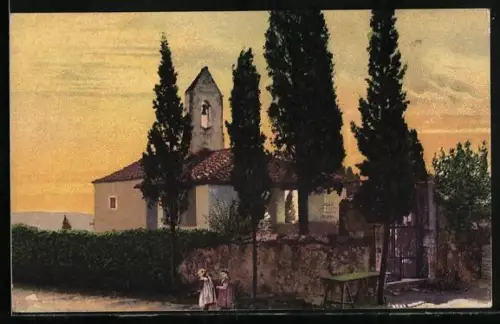 AK Lovrana, Friedhof zur Abendstunde