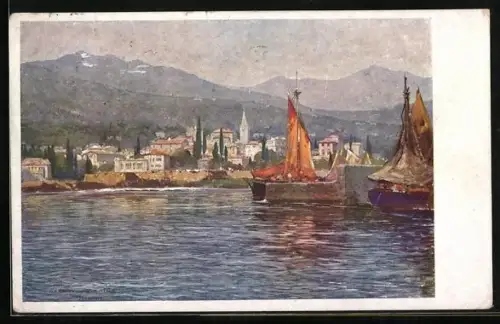Künstler-AK Laurana, Blick über das Wasser zum Ort
