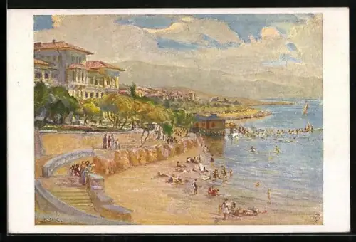 Künstler-AK Novi Vinodolski, Ortsansicht, belebter Strand an der Adria