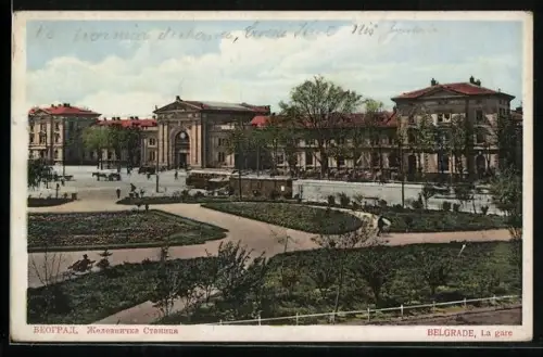 AK Belgrad, Parkanlage vor dem Bahnhof