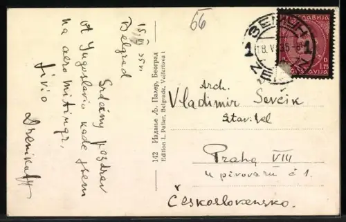 AK Belgrad, Gebäudeansicht mit Strassenbahn, Denkmal, Strassenpartie