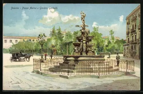 AK Palermo, Piazza Marina e Giardino Garibaldi, Pferdekutsche