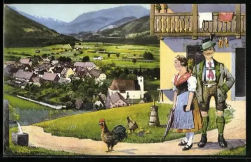 AK Altenmarkt an der Enns, Teilansicht und Paar in Tracht