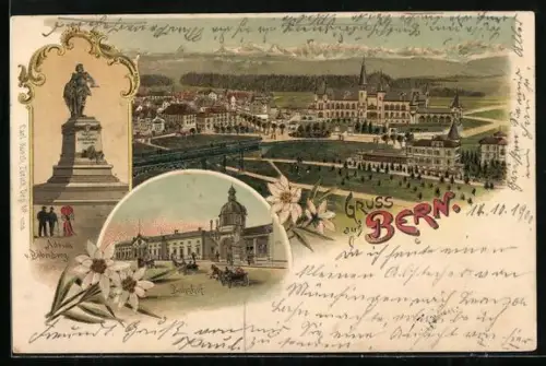 Lithographie Bern, Bahnhof, Adrian v. Bubenberg, Panorama