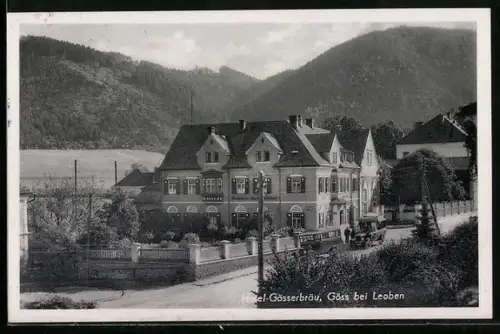 AK Göss bei Leoben, Hotel Gösserbräu und Strassenpartie