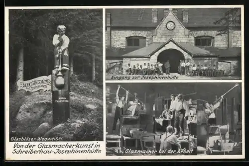 AK Schreiberhau, Eingang zur Josephinenhütte, Glasmacher bei der Arbeit, Glasbläser-Wegweiser