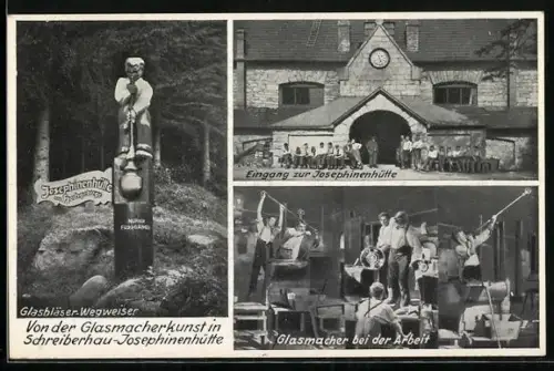 AK Schreiberhau, Eingang zur Josephinenhütte, Glasmacher bei der Arbeit, Glasbläser-Wegweiser