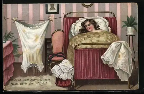 Künstler-AK Mein Hemd ist in der Wäsche!, Nackte Dame bleibt im Bett