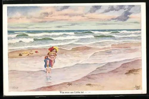 Künstler-AK Bert: Was man aus Liebe tut, Junge trägt Mädchen am Strand durchs Wasser