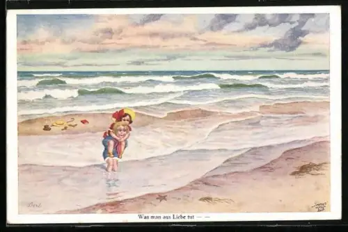 Künstler-AK Bert: Was man aus Liebe tut, Junge trägt Mädchen am Strand durchs Wasser