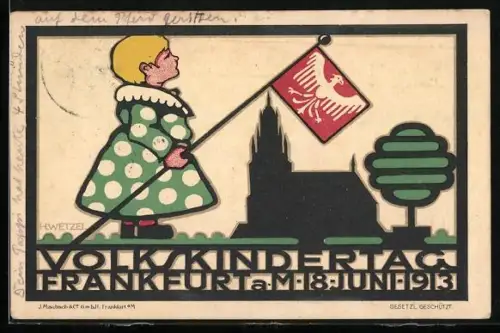 Künstler-AK Frankfurt, Volkskindertag 1913, Mädchen mit Fahne vor Kirche, Kinderfürsorge