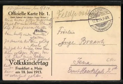 Künstler-AK Frankfurt, Volkskindertag 1913, Mädchen mit Fahne vor Kirche, Kinderfürsorge