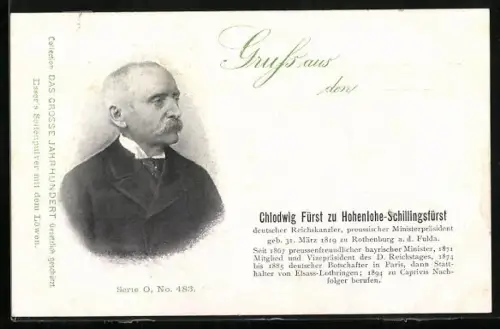 AK Chlodwig Fürst zu Hohenlohe-Schillingsfürst, deutscher Reichskanzler