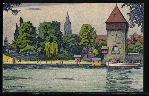 Künstler-AK Ernst E. Schlatter: Konstanz, Blick zum Rheintorturm