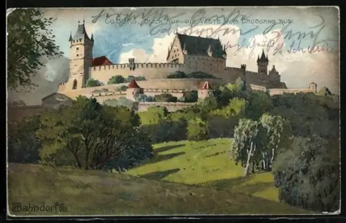 Künstler-AK H.Bahndorf: Coburg, Blick auf die Veste vom Laubgang aus