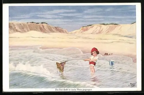 Künstler-AK Bert: Du bist doch in mein Netz gegangen..., Mädchen fängt Fisch am Strand