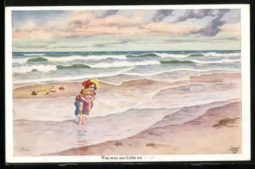 Künstler-AK Bert: Was man aus Liebe tut, Junge trägt Mädchen am Strand durchs Wasser