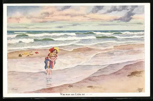 Künstler-AK Bert: Was man aus Liebe tut, Junge trägt Mädchen am Strand durchs Wasser