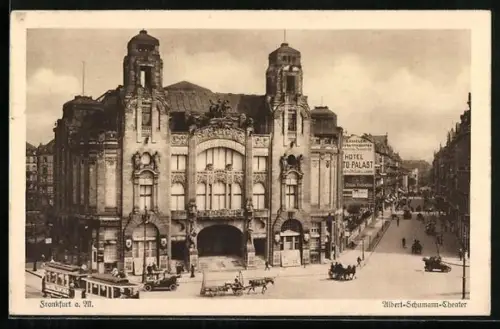 AK Frankfurt, Strassenpartie mit Albert-Schumann-Theater, Strassenbahn