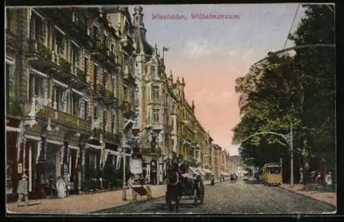 AK Wiesbaden, Wilhelmstrasse mit Strassenbahn