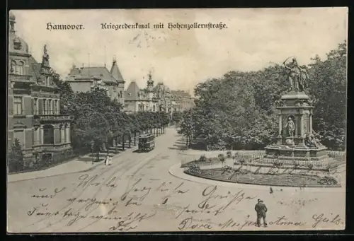 AK Hannover, Kriegerdenkmal mit Hohenzollernstrasse, Strassenbahn