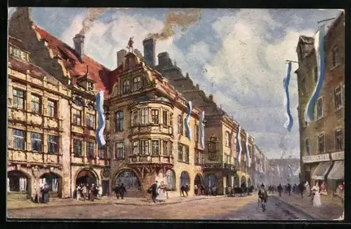 Künstler-AK München, Strassenpartie mit Münchner Hofbräuhaus